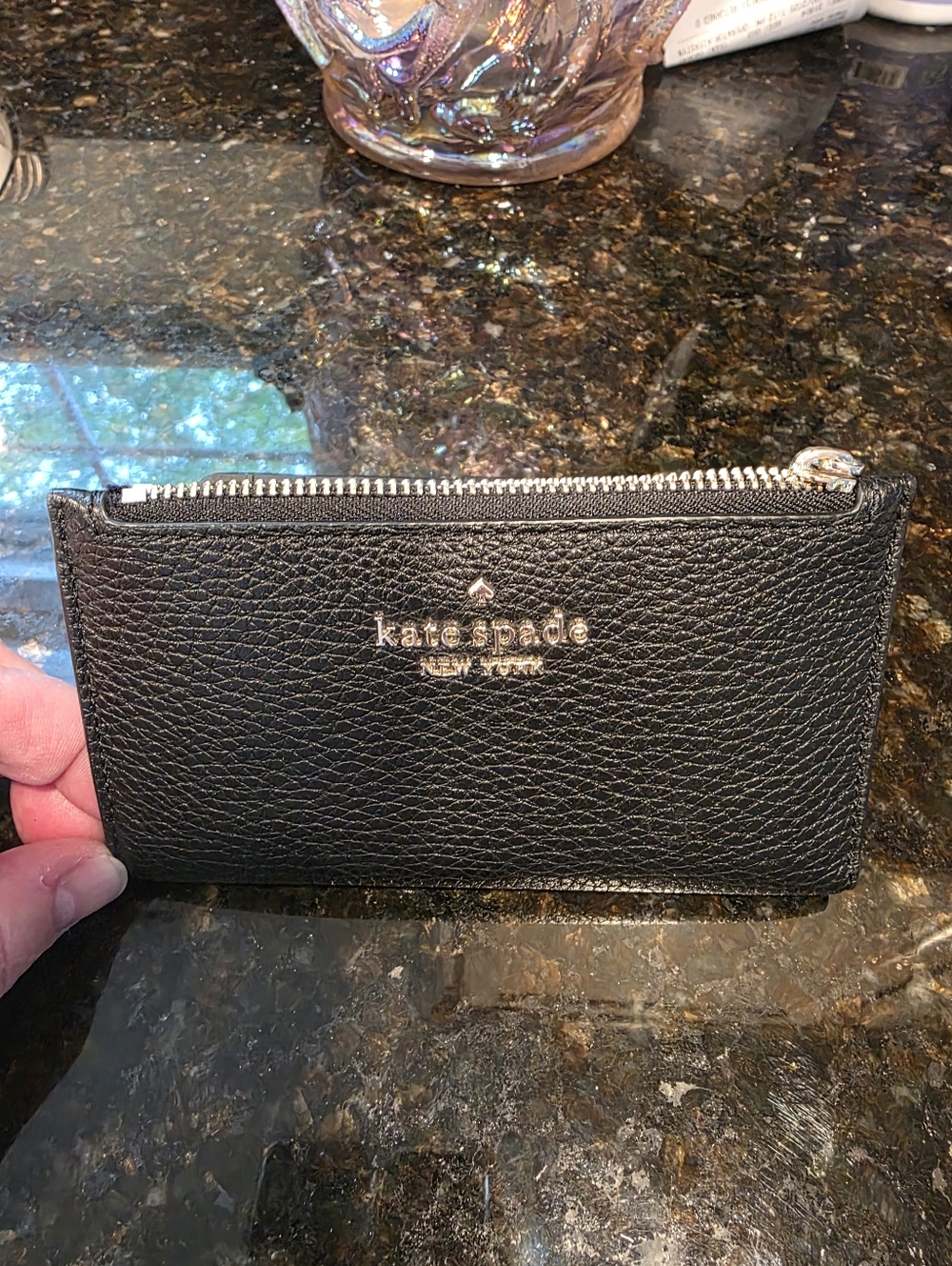 Kate Spade Black Textured Leather Wallet with Yellow Colored Hardware